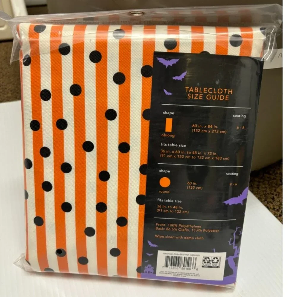 Halloween Tablecloth Vinyl Orange White Black Striped Polka Dot Oblong 60